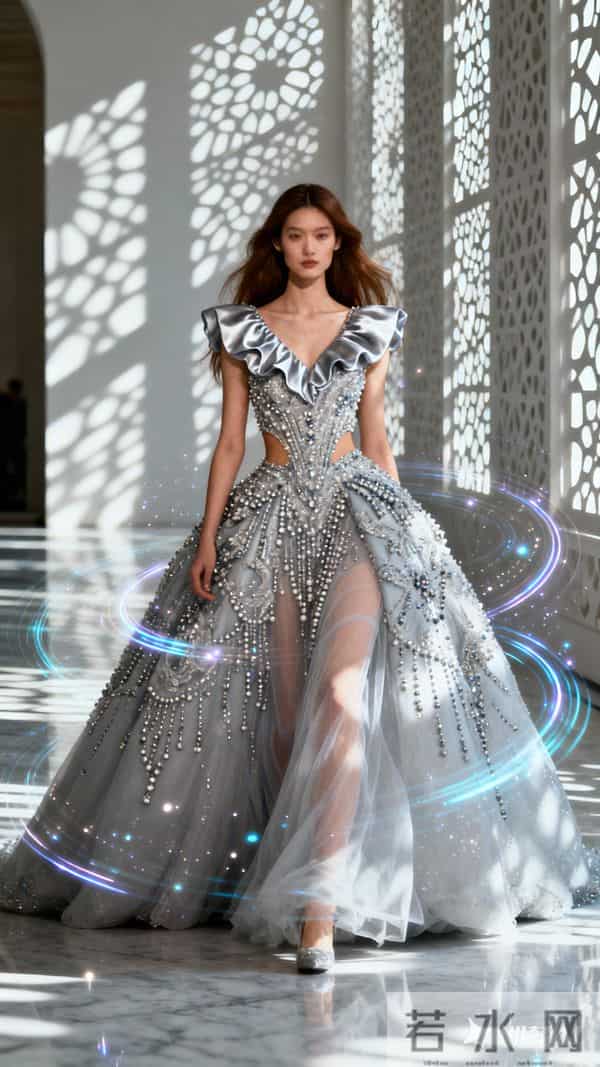 东方美女模特走秀，每个角度都会呈现出不一样的光影变幻 撞色金属