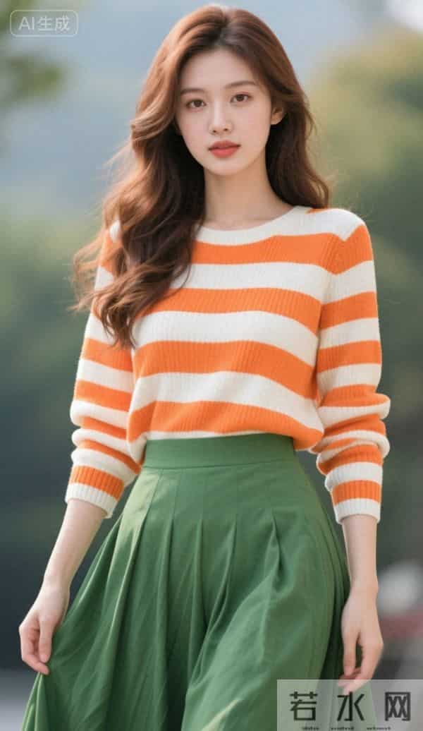 红白条纹衫与绿裙子