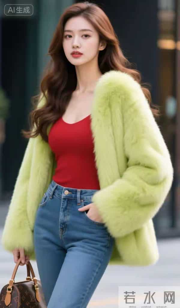 裘皮衣与牛仔裤美女