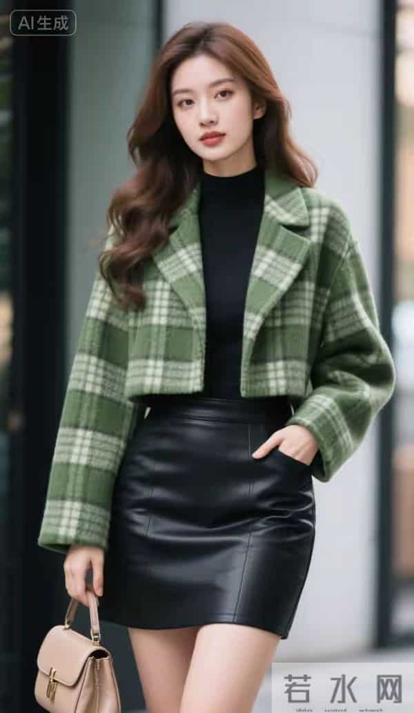 绿格子短襟上衣的美女