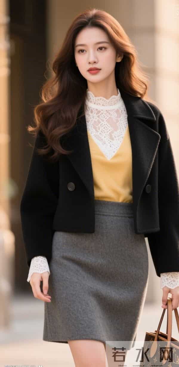 黑色夹克衫与灰色短裙