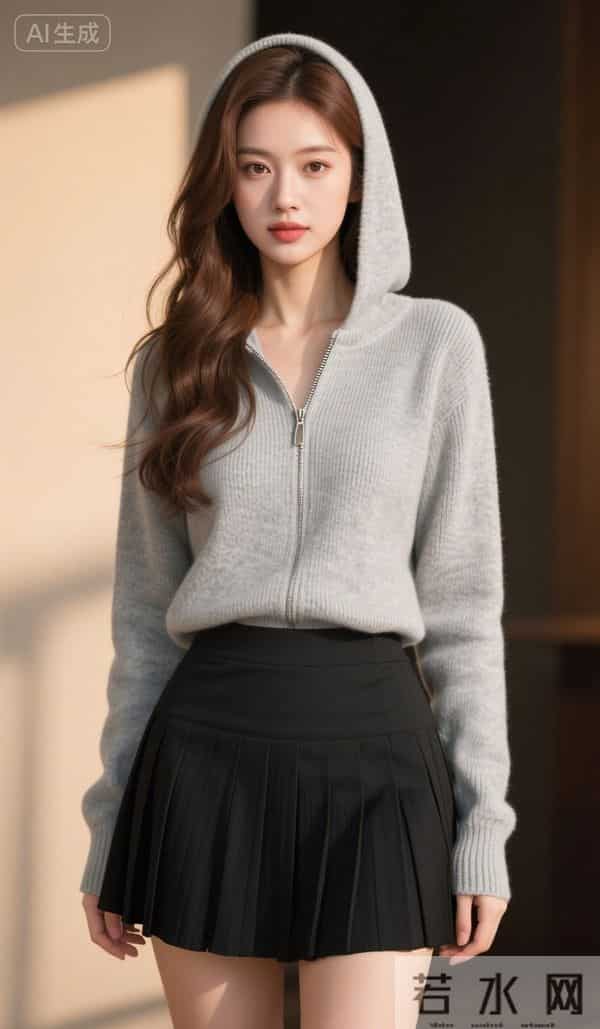 灰色兜帽衫与黑色短裙