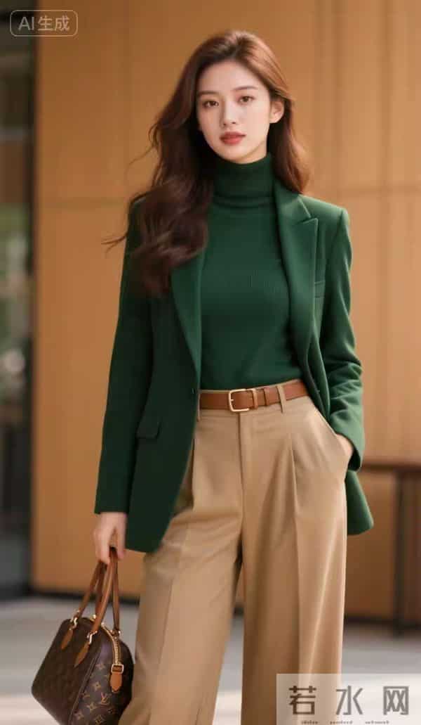 墨绿色西装的美女