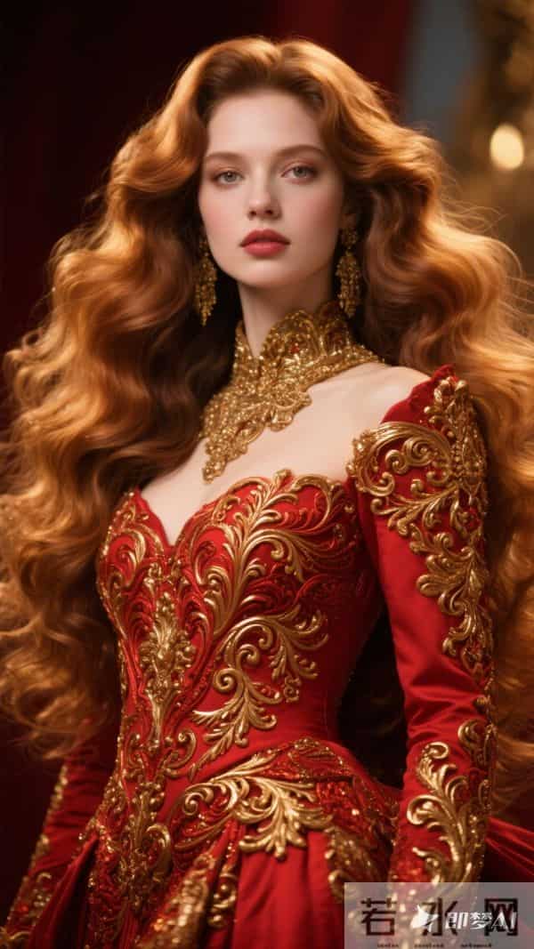 超大，金棕色卷长发，重工红色礼服，，洛可可卷纹浮雕