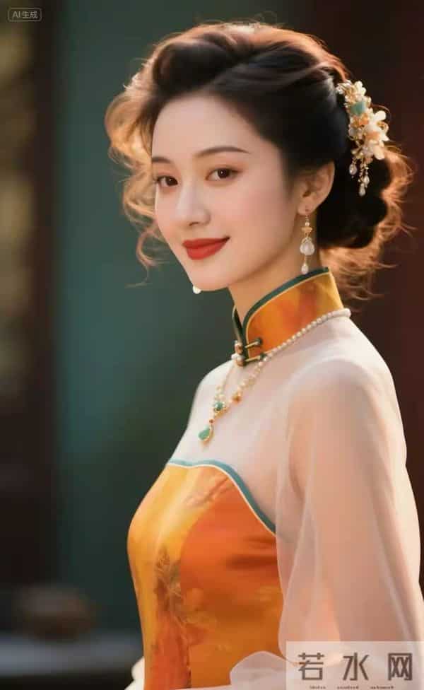 多彩的纱袖旗袍