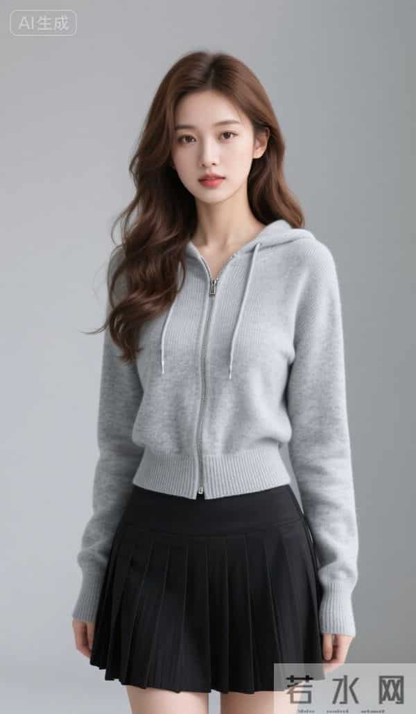 灰色兜帽衫与黑色短裙