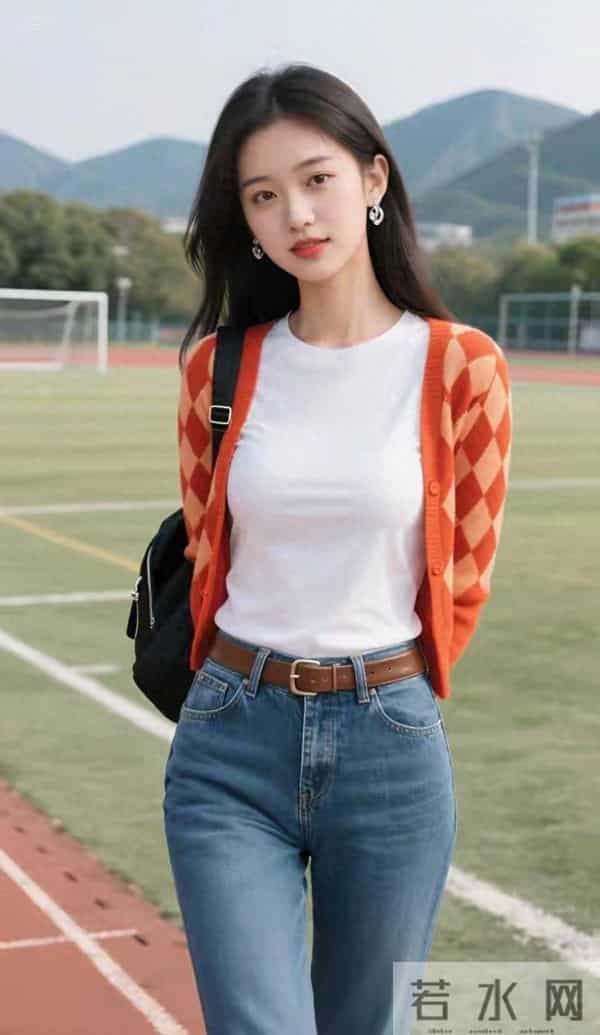 橙色格子毛衣与牛仔裤