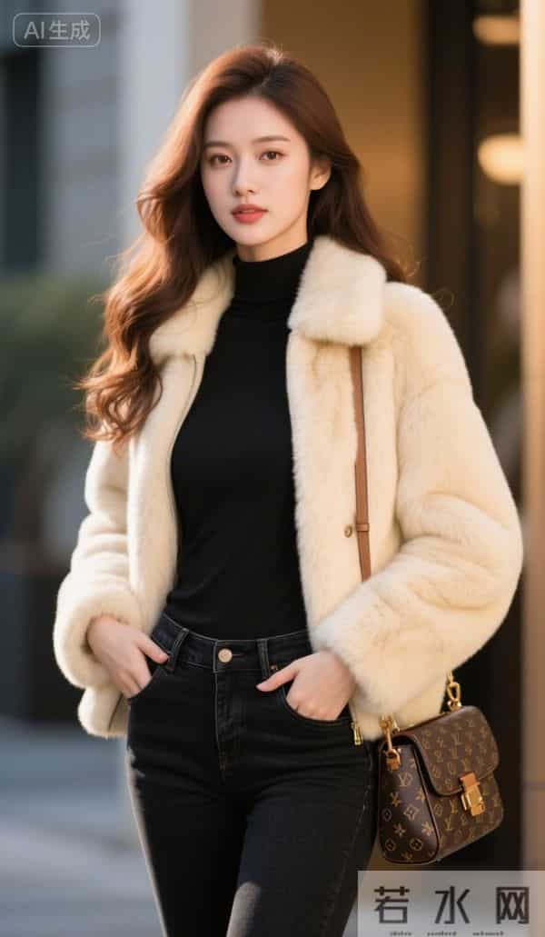 穿白色毛皮夹克的美女