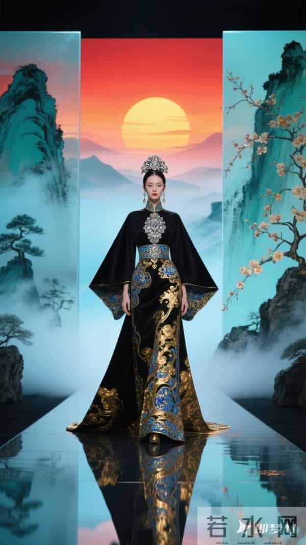 T台走秀，美女模特，中西结合大礼服，立体裁剪，廓形宽松