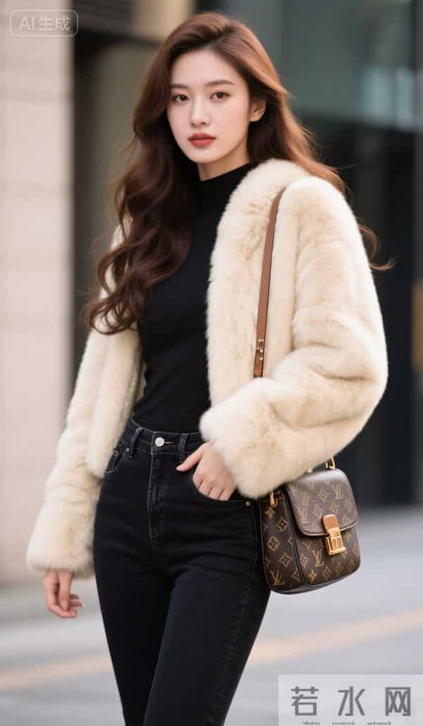 穿白色毛皮夹克的美女