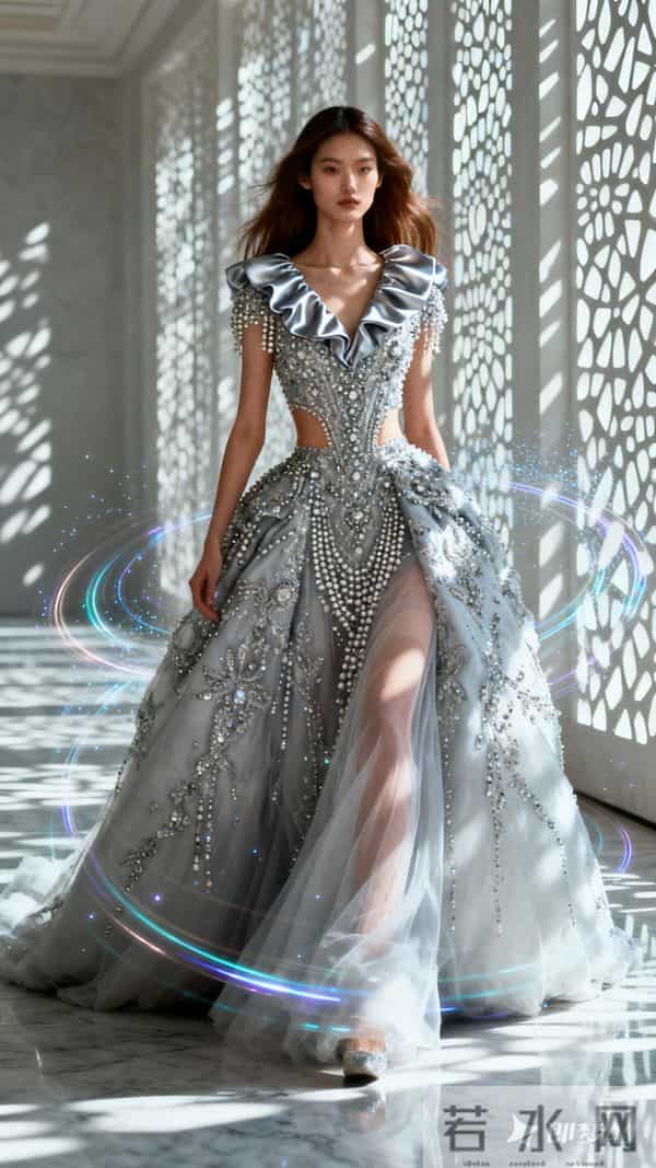 东方美女模特走秀，每个角度都会呈现出不一样的光影变幻 撞色金属