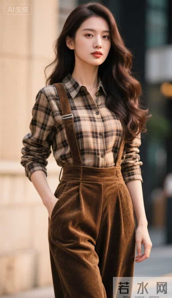 穿格衬衫与背带裤的美女