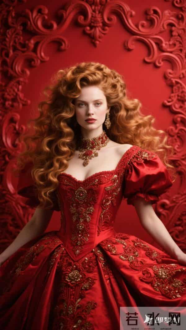 超大，金棕色卷长发，重工红色礼服，，洛可可卷纹浮雕
