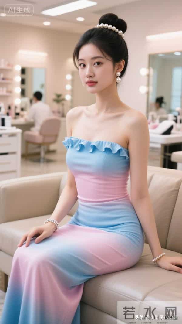粉蓝渐变吊带裙，荷叶边配珍珠饰，柔甜撞色，是室内的优雅柔美感