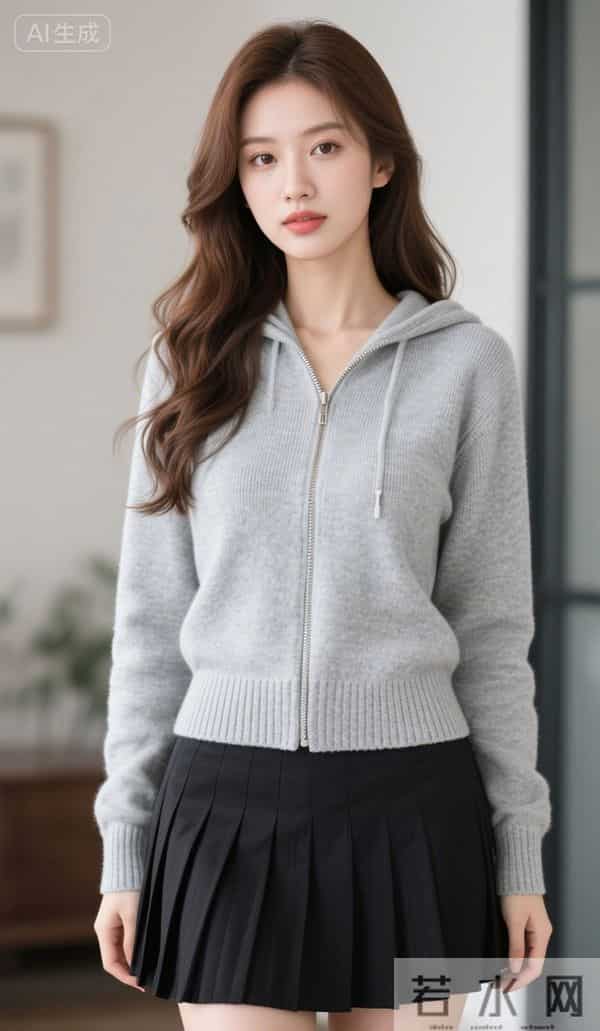 灰色兜帽衫与黑色短裙