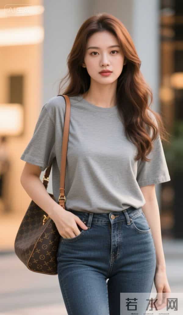 穿灰色T恤衫与牛仔裤的美女