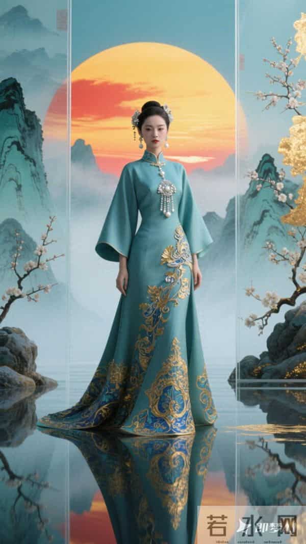 T台走秀，美女模特，中西结合大礼服，立体裁剪，廓形宽松