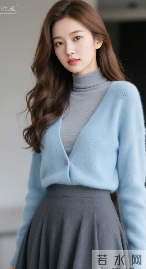 穿浅蓝色毛衣与灰裙子的美女