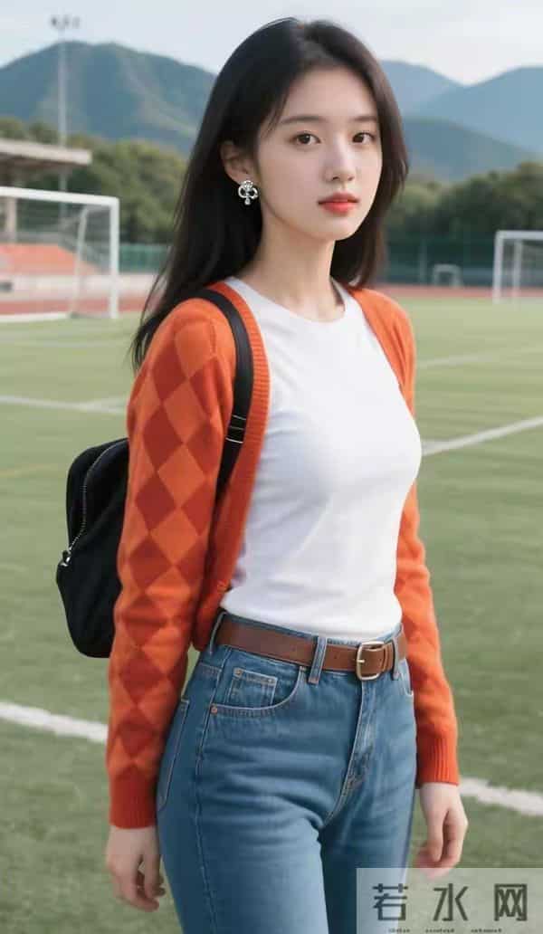 橙色格子毛衣与牛仔裤