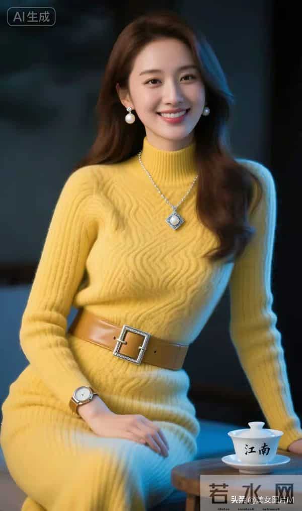 绝色佳人，一袭黄色针织毛衣连衣裙，优雅端庄，娇艳妩媚！