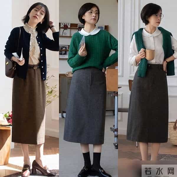 “毛衣+膝下裙”才是冬天正确的打开方式，实用好穿，适合小个子