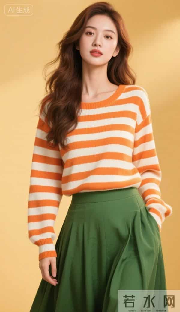 红白条纹衫与绿裙子