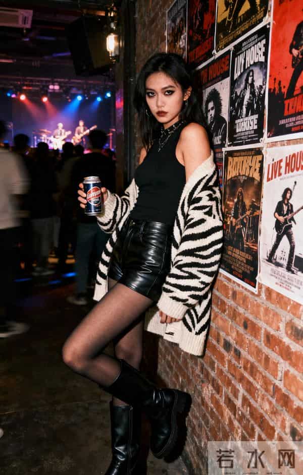 穿搭 - 斑马纹针织开衫 + 黑色修身内搭 + 黑色皮短裤 + 中筒骑士靴