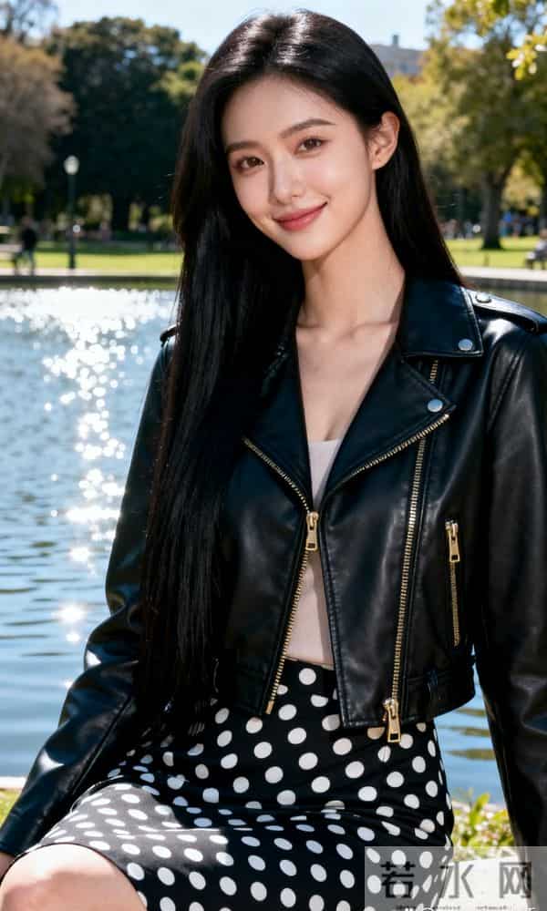 黑色皮夹克与波点裙