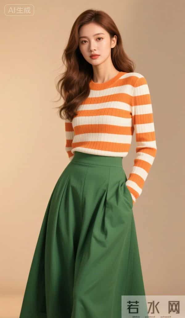 红白条纹衫与绿裙子