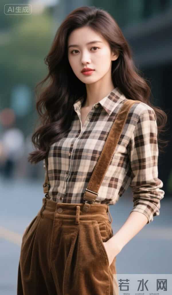 穿格衬衫与背带裤的美女