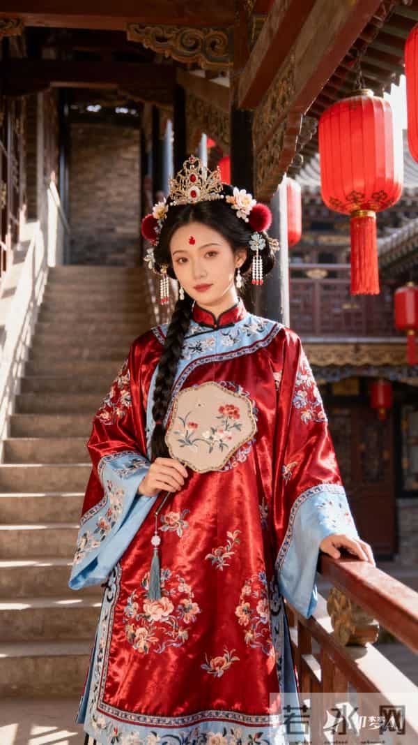 身着红色的精致古风衣裙，面料为华丽的丝质，缀有精致的刺绣
