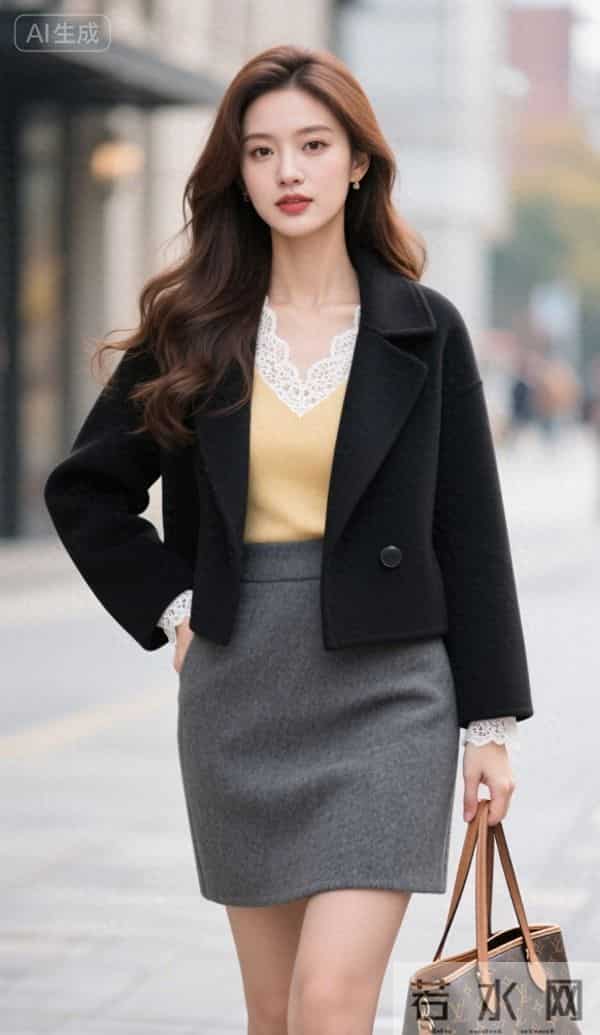 黑色夹克衫与灰色短裙