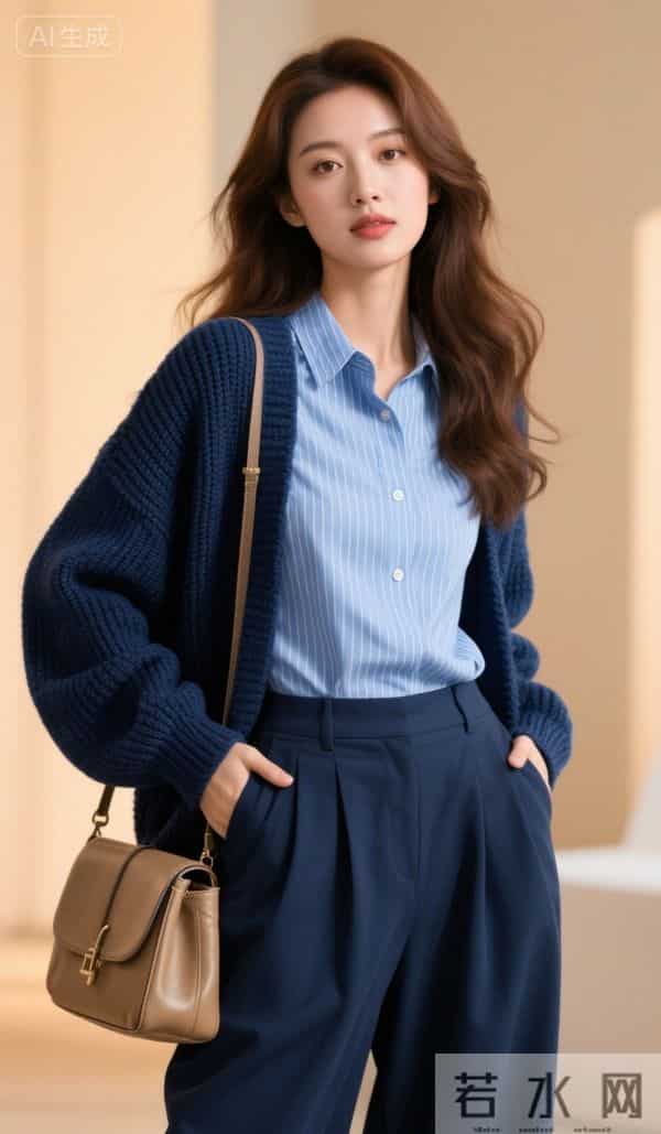 穿深蓝色毛衣的美女