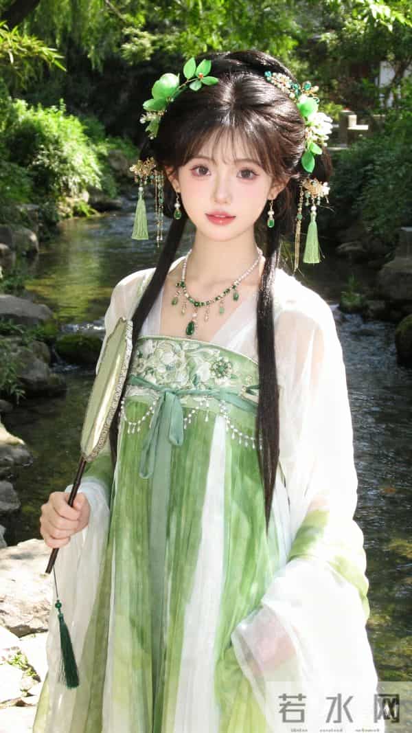 一位身着绿白渐变古风汉服的女子，服饰风格清新雅致 面料轻薄通透