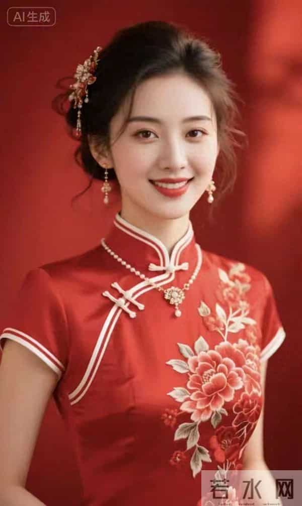 刺绣牡丹红色旗袍美女 国泰民安的脸庞自信微笑 落落大方玉美人