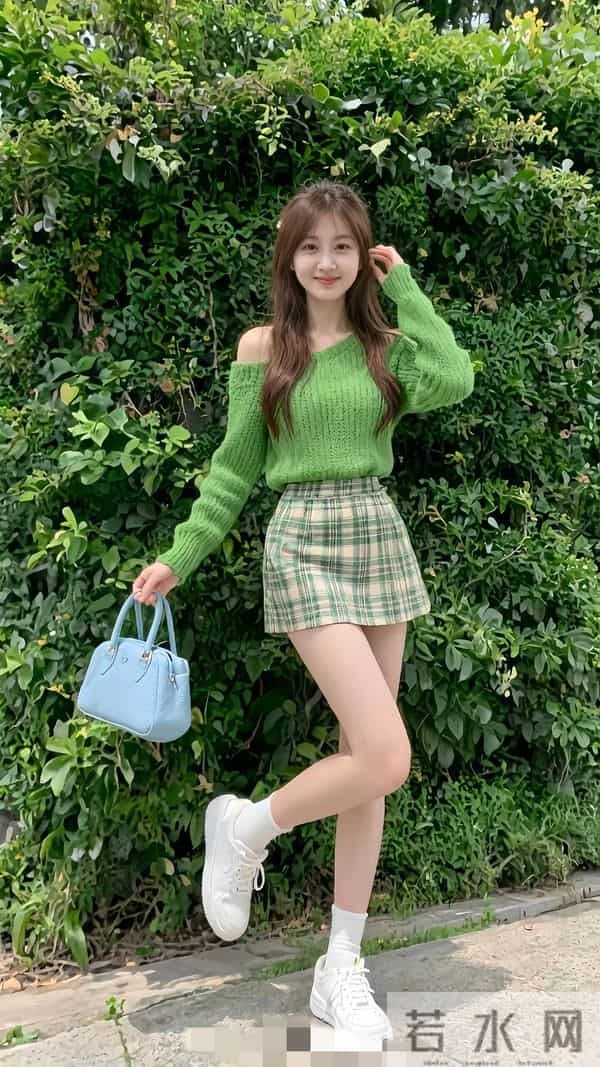 夏日“氧气感”穿搭火了！这件绿色露肩衫+格纹裙，把清新焊在身