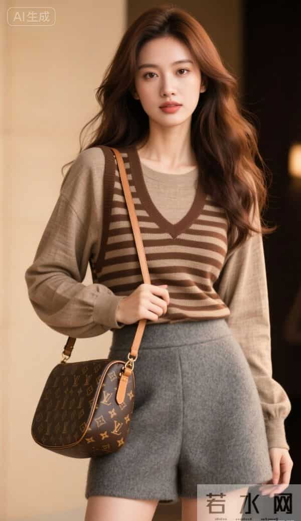 穿条纹马甲与灰色短裤的美女