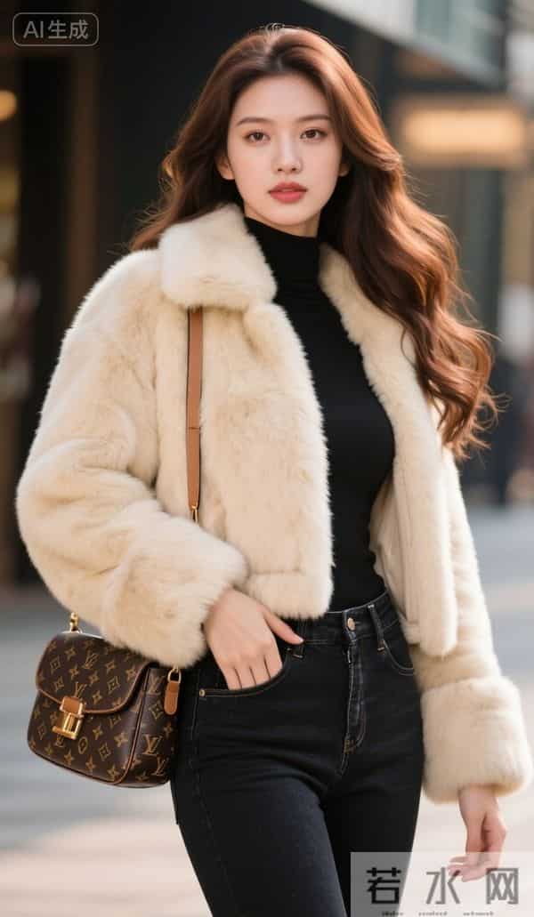 穿白色毛皮夹克的美女