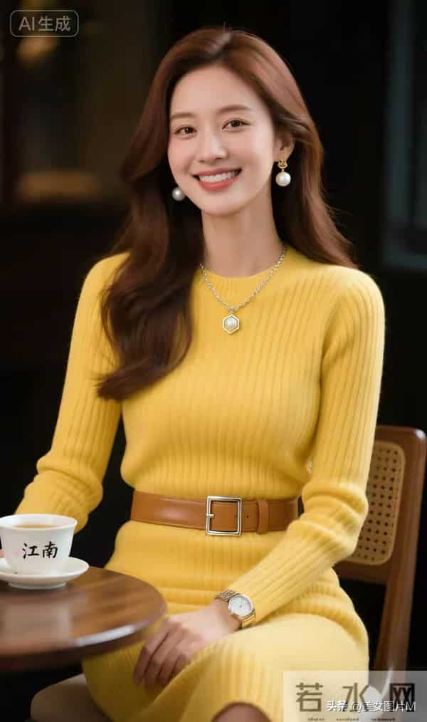 绝色佳人，一袭黄色针织毛衣连衣裙，优雅端庄，娇艳妩媚！