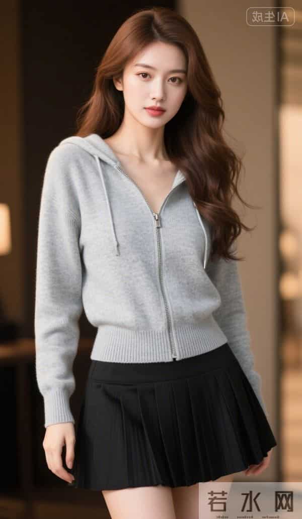 灰色兜帽衫与黑色短裙