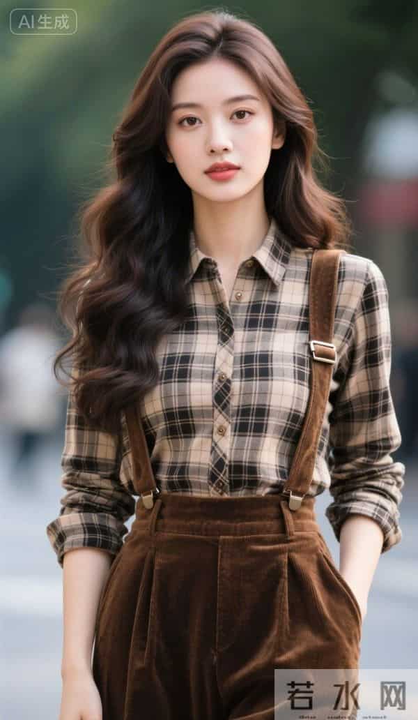 穿格衬衫与背带裤的美女