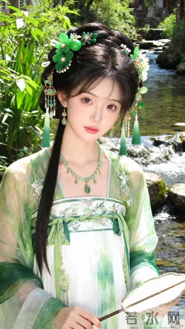 一位身着绿白渐变古风汉服的女子，服饰风格清新雅致 面料轻薄通透