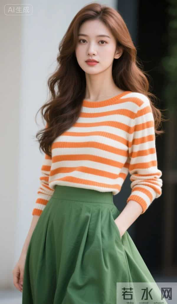 红白条纹衫与绿裙子