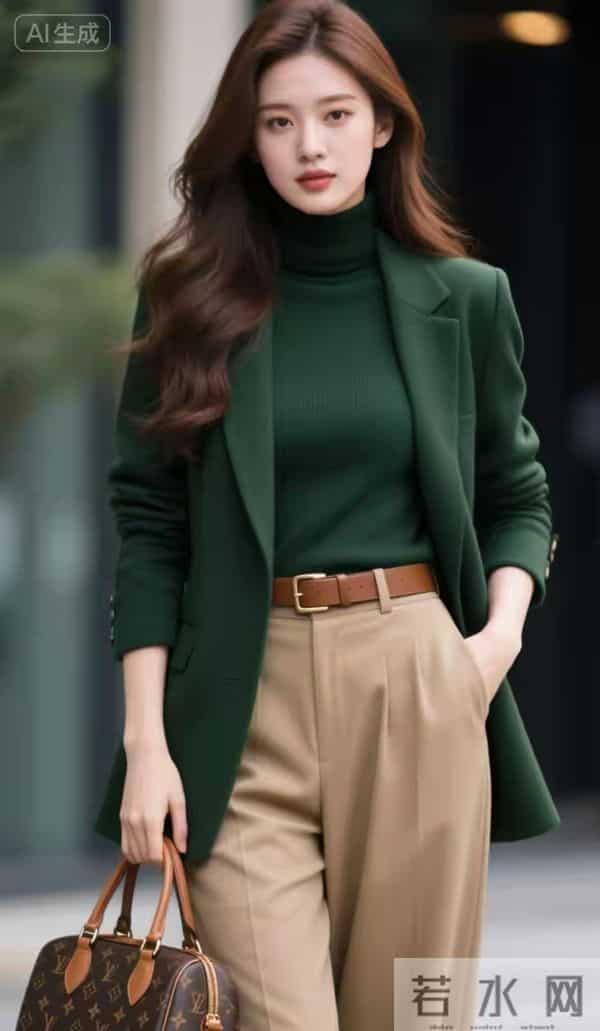 墨绿色西装的美女