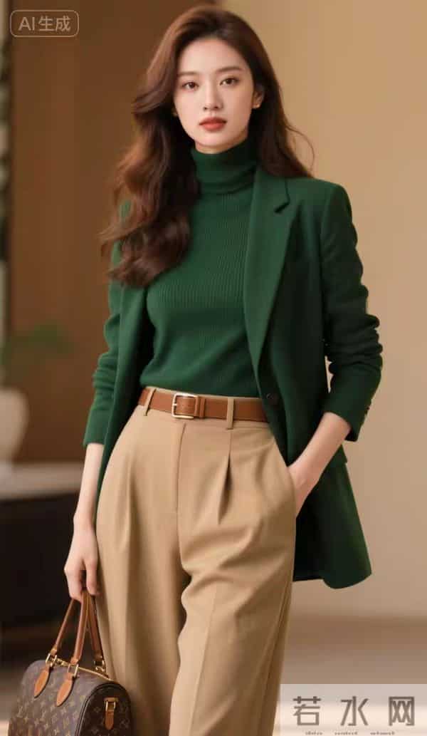 墨绿色西装的美女