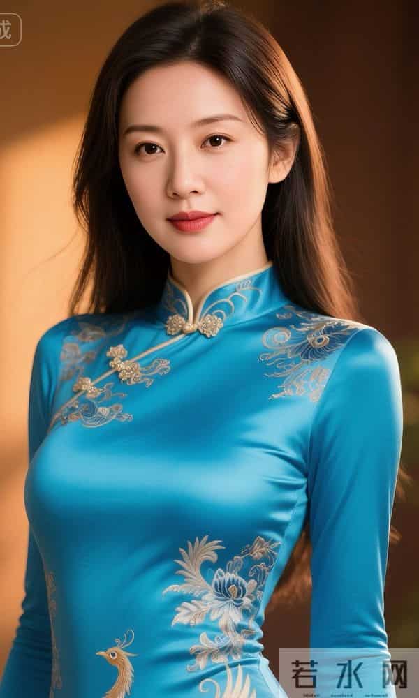 绣凤凰的蓝色丝绸旗袍