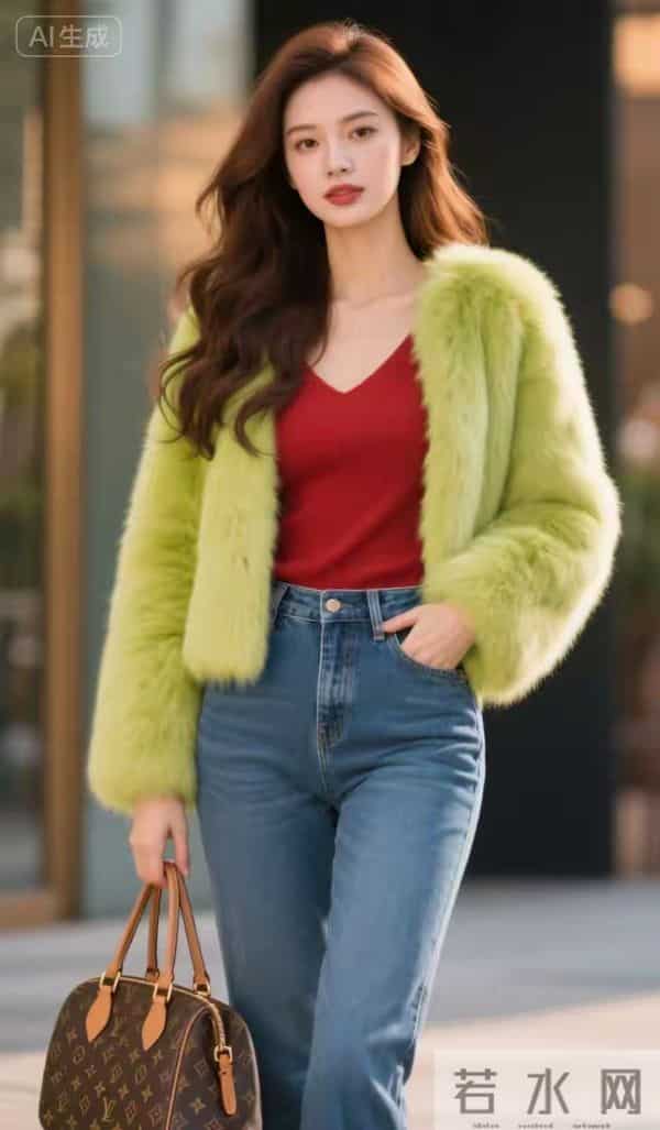 裘皮衣与牛仔裤美女