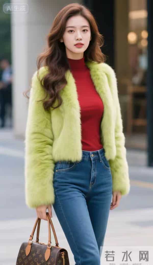 裘皮衣与牛仔裤美女