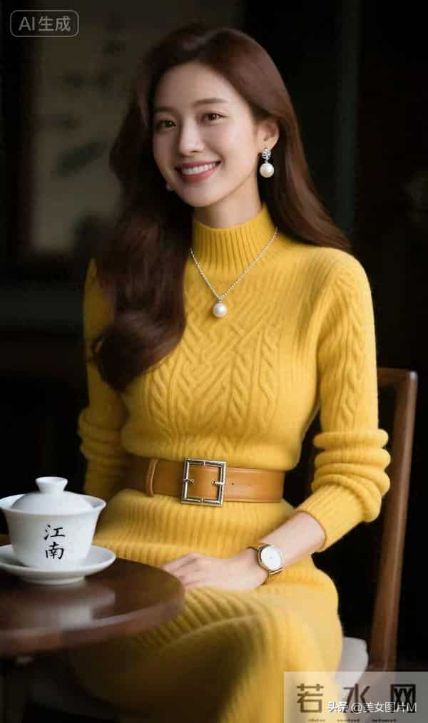 绝色佳人，一袭黄色针织毛衣连衣裙，优雅端庄，娇艳妩媚！