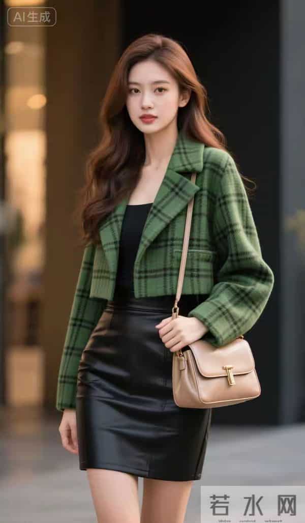 绿格子短襟上衣的美女